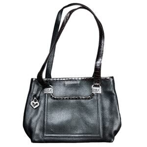 Brighton Satchel, Black Pebble grained, Brown Croc embossed Leather Shoulder Bag